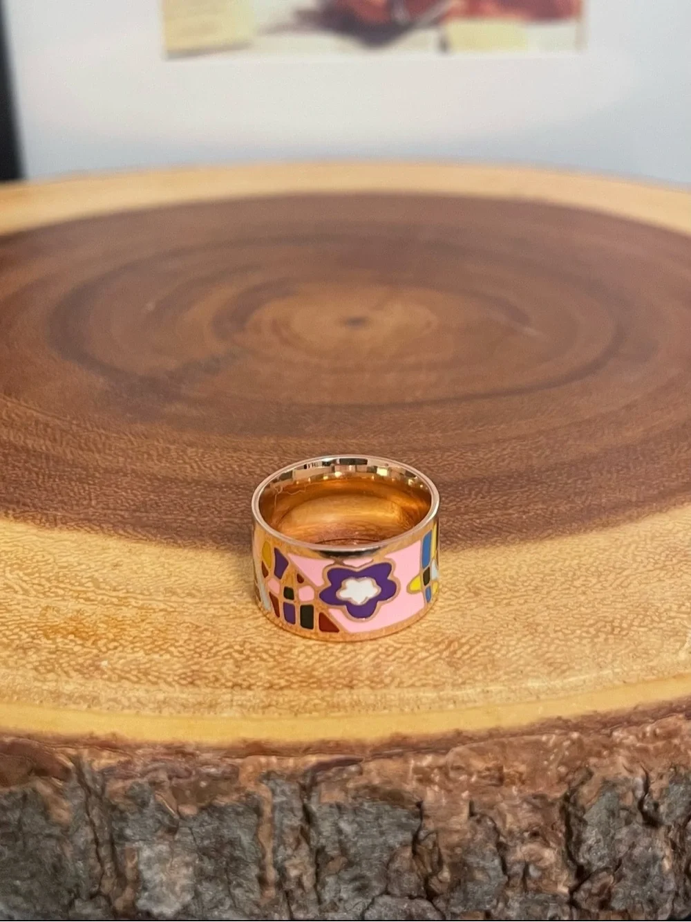 Colorful Enamel Rose Gold Filled Abstract Floral Retro Wide Band Ring NWOT